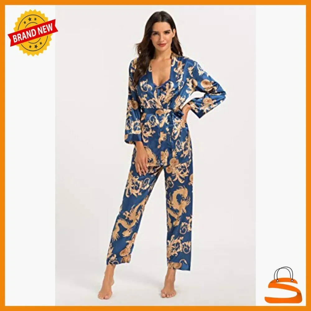 Silk Satin Pajama Set 3 Piece with Robe Long Sleeve Sleepwear Medium